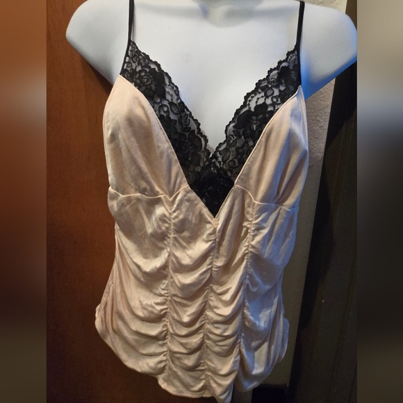 Express Tops - Express Blush Pink Satin Camisole with Black Lace Trim